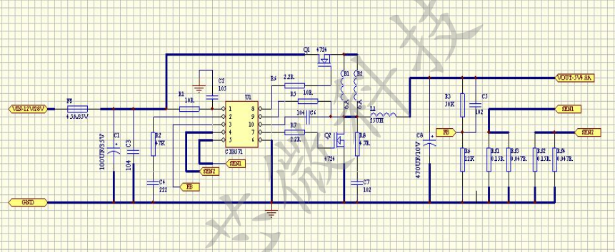 二、特性 电压输入范围:9~40V 输出电压精度:2% 双通道CC/CV模式 双通道外部限流 过温保护(OTP) 内置软启动时间3ms 固定频率120KHz 输入欠压保护(zui小7V,典型7.5V,zui大8V) 占空比范围:0~90% 一个引脚即可实现外部补偿和关断控制 输出可使用陶瓷电容 内置可调整的线压补偿 MSOP-10封装